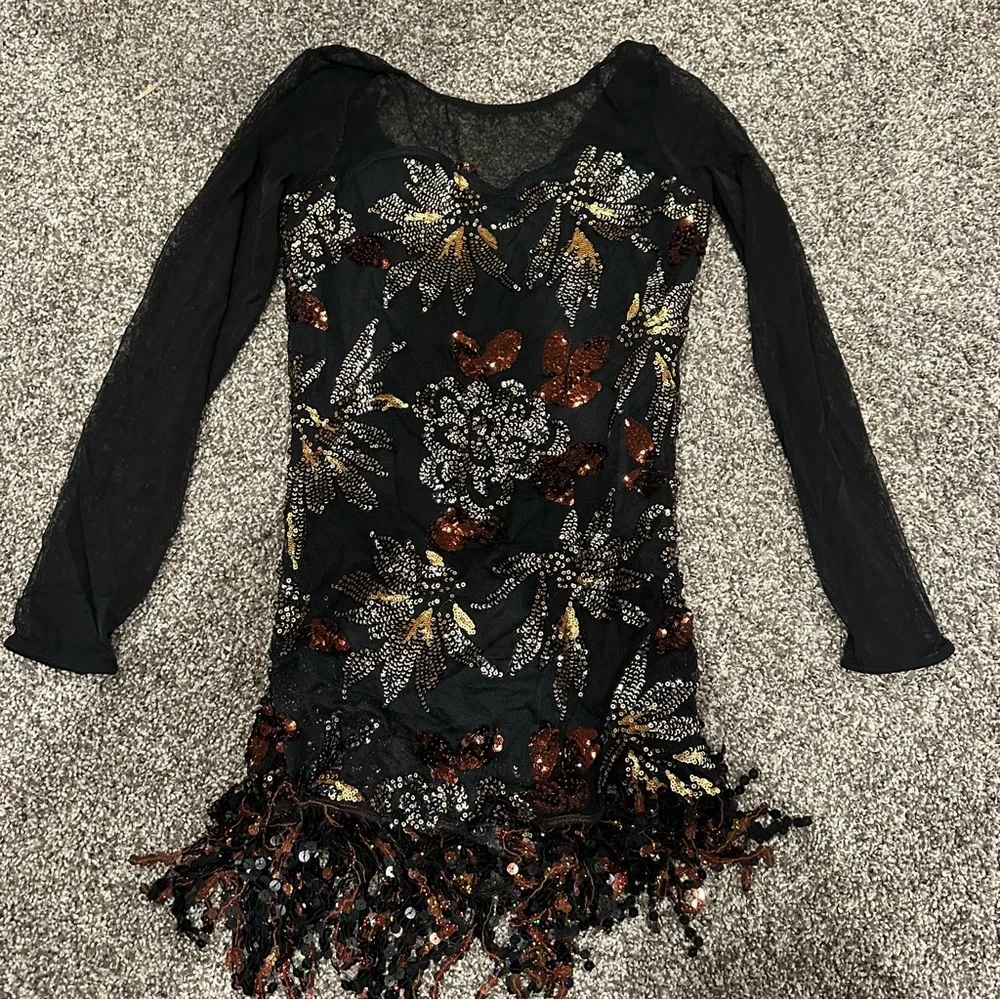 Black Sequin Floral Dance Costume Dress with Gold Accents